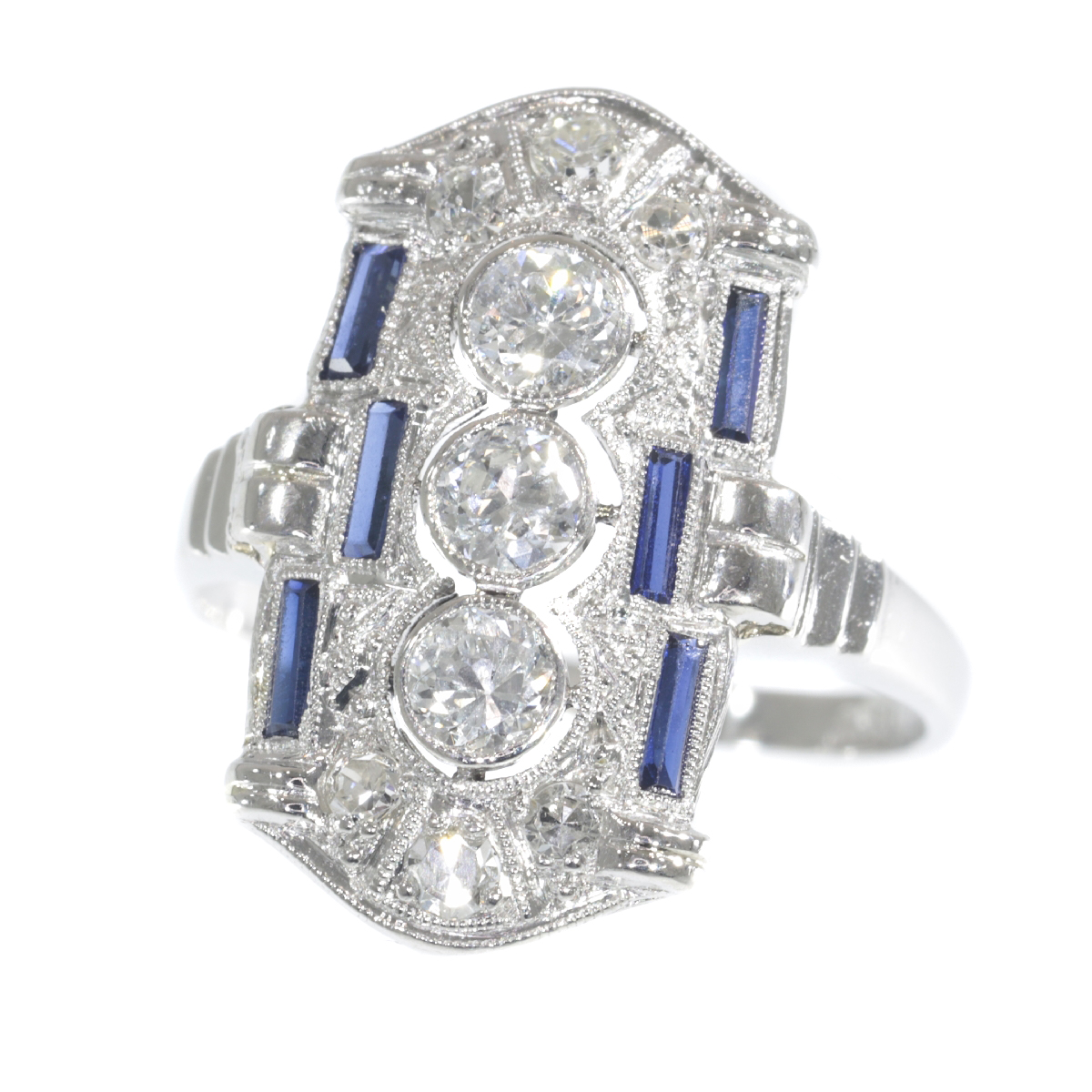 Platinum Art Deco diamond and sapphire engagement ring